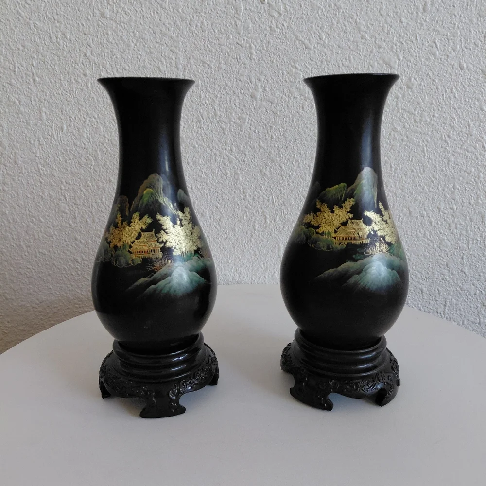 Antique Chinese Foochow Fuzhou Hand Painted Black Lacquered Wood 2 Vases.